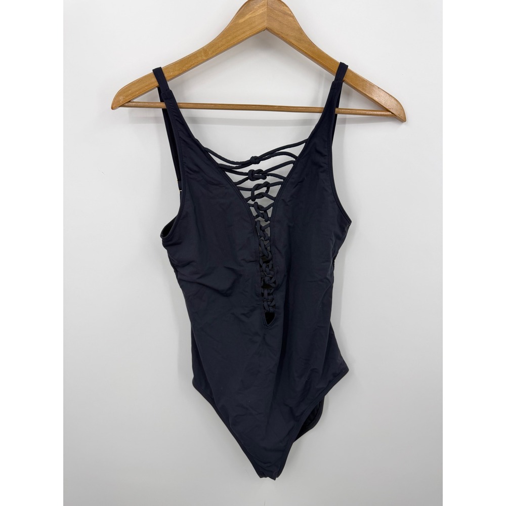 Bleu Rod Beattie Lace Up One Piece Swimsuit Womens 8 Black Strappy V-Neck